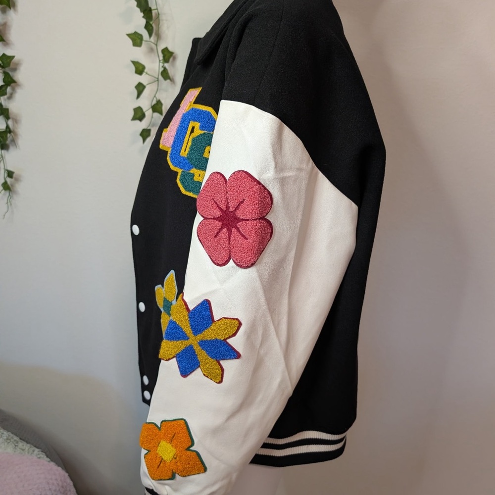 Iconslab Flower Contrast Lapel Baseball Jersey bomber Varsity Jacket NWT - Picture 6 of 10
